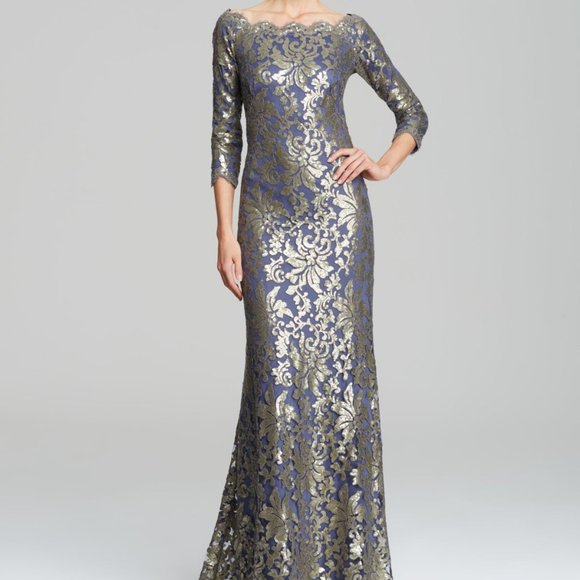 Tadashi Shoji Blue Gold Sequin Gown - Picture 4 of 9